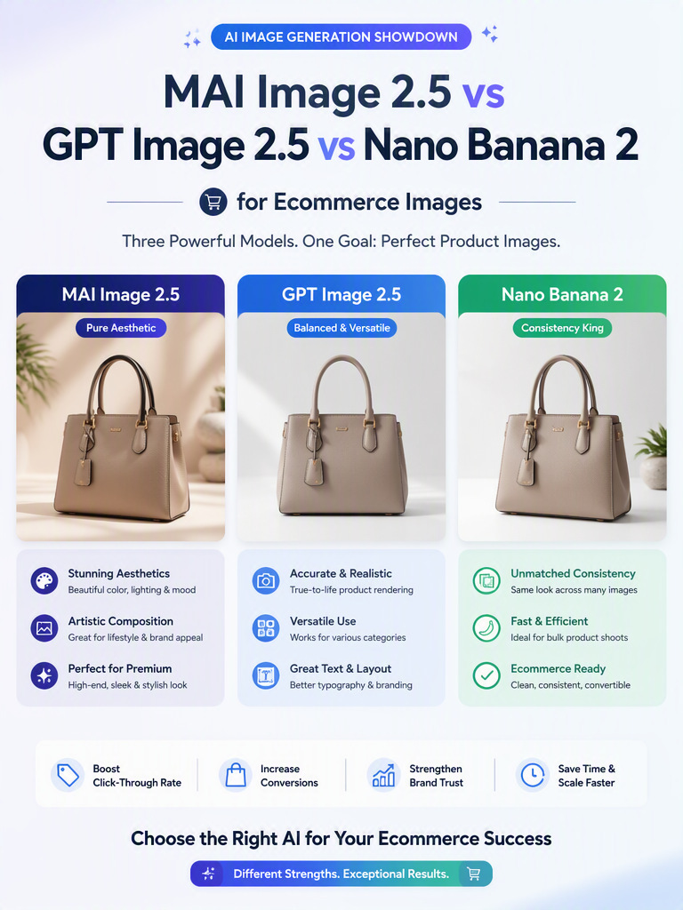 MAI Image 2.5 vs. GPT Image 2.5 vs. Nano Banana 2 für E-Commerce-Bilder